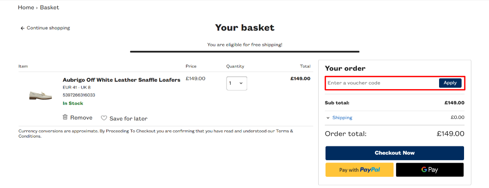 The Carl Scarpa checkout page and the Carl Scarpa voucher box highlighted with a red box