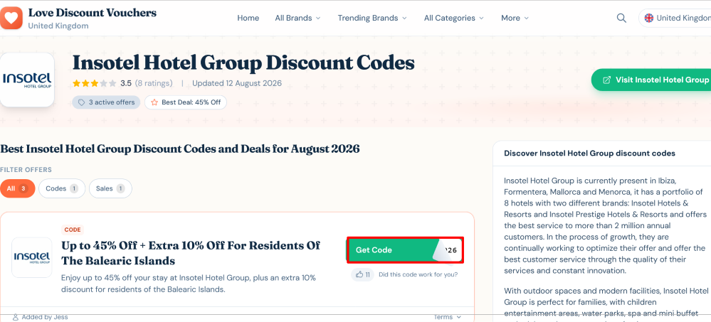 The Love Discount Vouchers page shows discount codes to use on your purchase