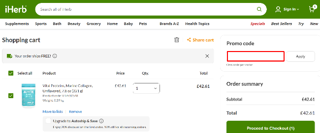 iHerb voucher code box in a checkout page with a summary