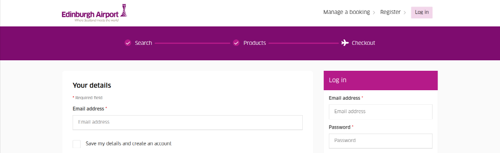 The Edinburgh Airport checkout page