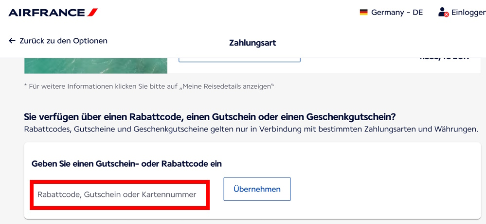 Der Buchungsprozess von Air France mit einem rotmarkiertem Eingabefeld für Gutscheincodes