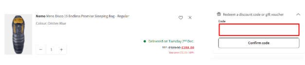 A red box to enter a Cotswold Outdoor discount code