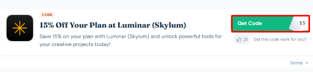 A box will show the Luminar (Skylum) voucher code to use on your purchase