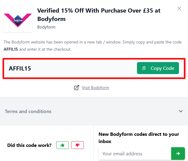 A Bodyform code on Love Discount Vouchers