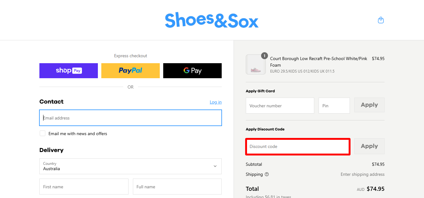 Shoes & Sox's checkout page where you can apply your Shoes & Sox promo code to the order