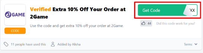A 2Game promo code for customers to use to save money