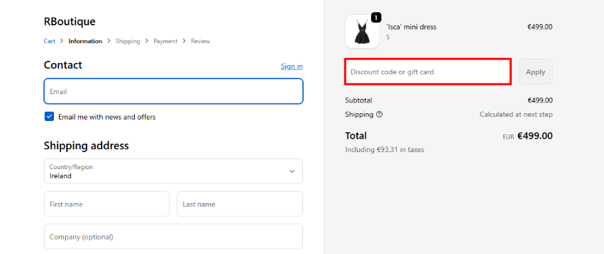 Rboutique promo code box shown by a red box surrounding it