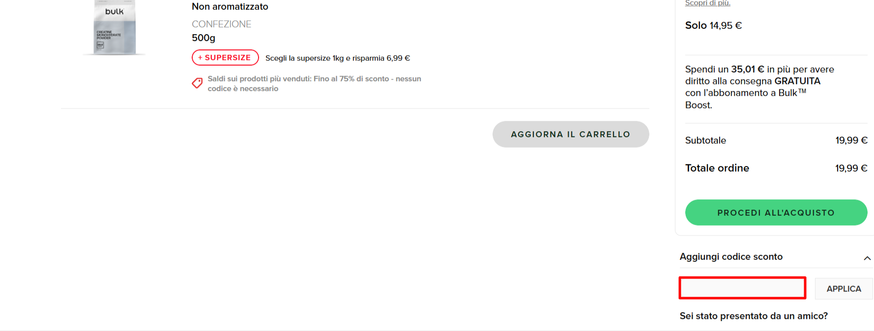 carrello del sito ufficiale bulk dove inserire il codice sconto bulk e abbassare il prezzo totale