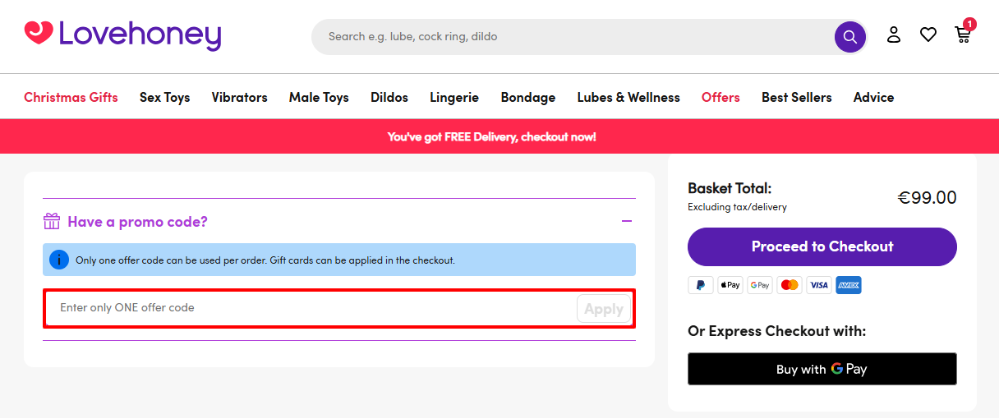 Lovehoney discount code place highlighted by a red box