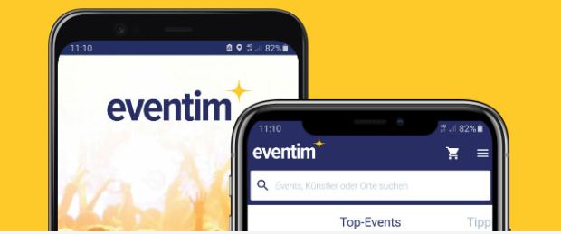 Smartphones auf gelbem Hintergrund, welche die Eventim App anzeigen