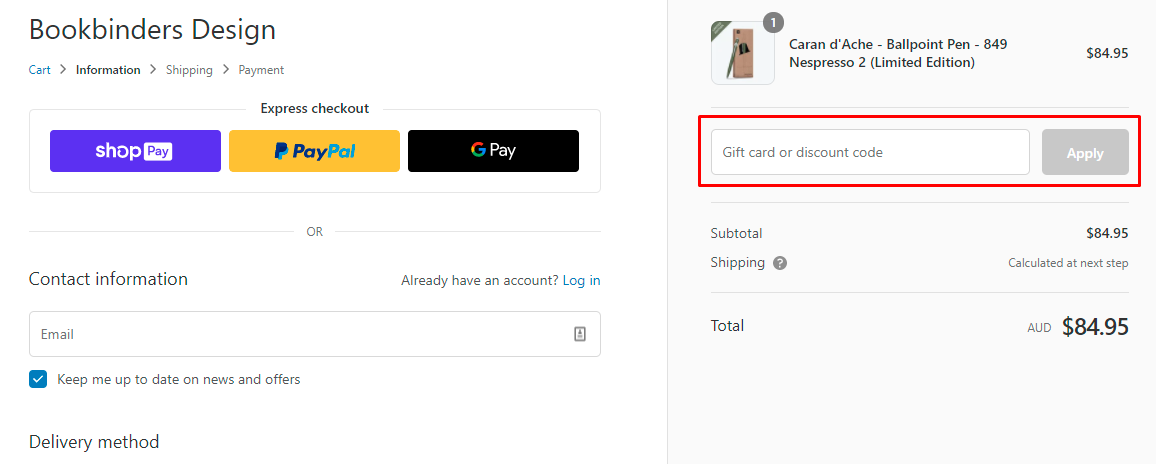 How do I use my Bookbinders Design discount code?