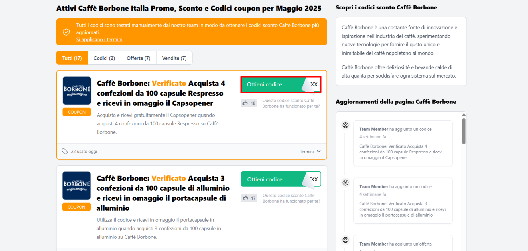 codice sconto Caffè Borbone da poter prelevare facilmente per poter risparmiare sul caffé Caffè Borbone acquistabile sul sito