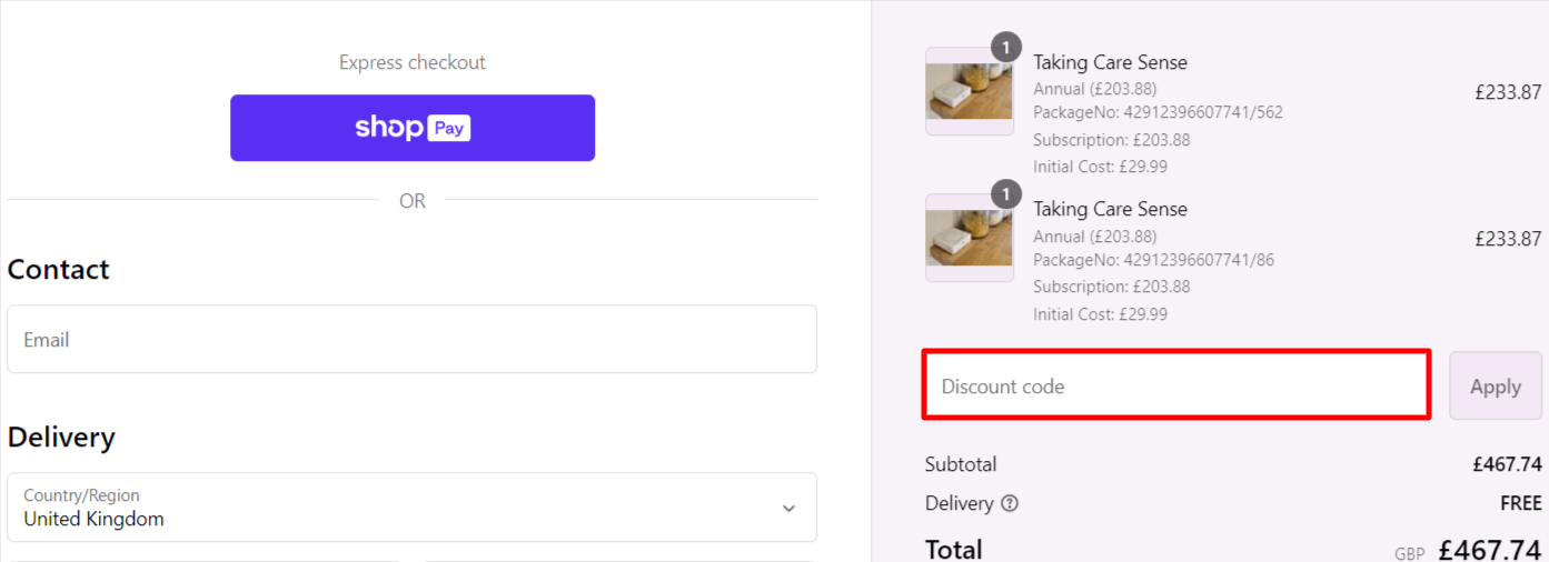 The brand checkout page with where to add the PPP Taking Care discount code highlighted with a red box