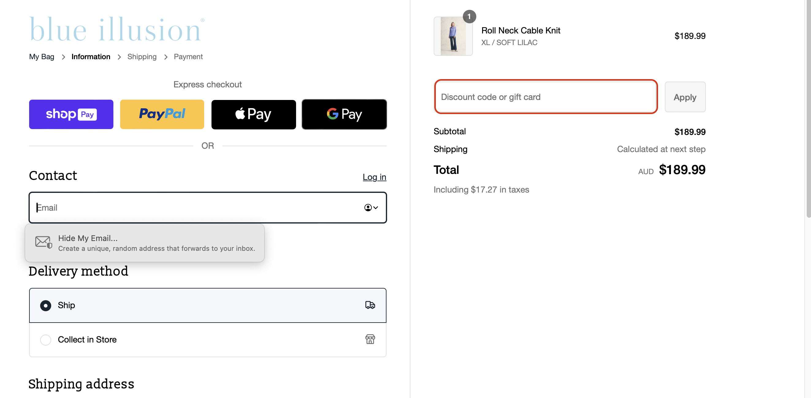 The highlighted red box at the brand checkout page is showing where to add the Blue Illusion promo code.