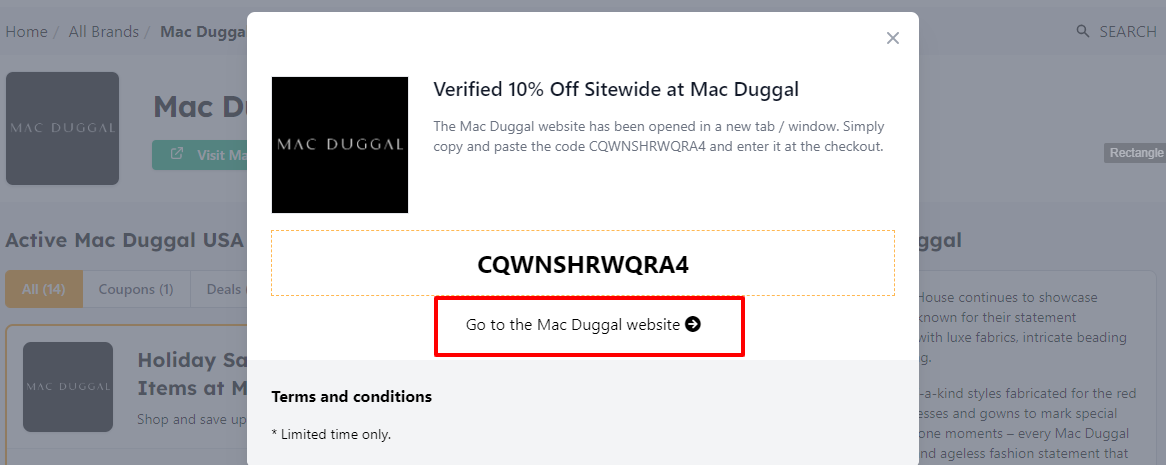 a pop up mini page showing a Mac Duggal discount code and the next step which is marked by a red box
