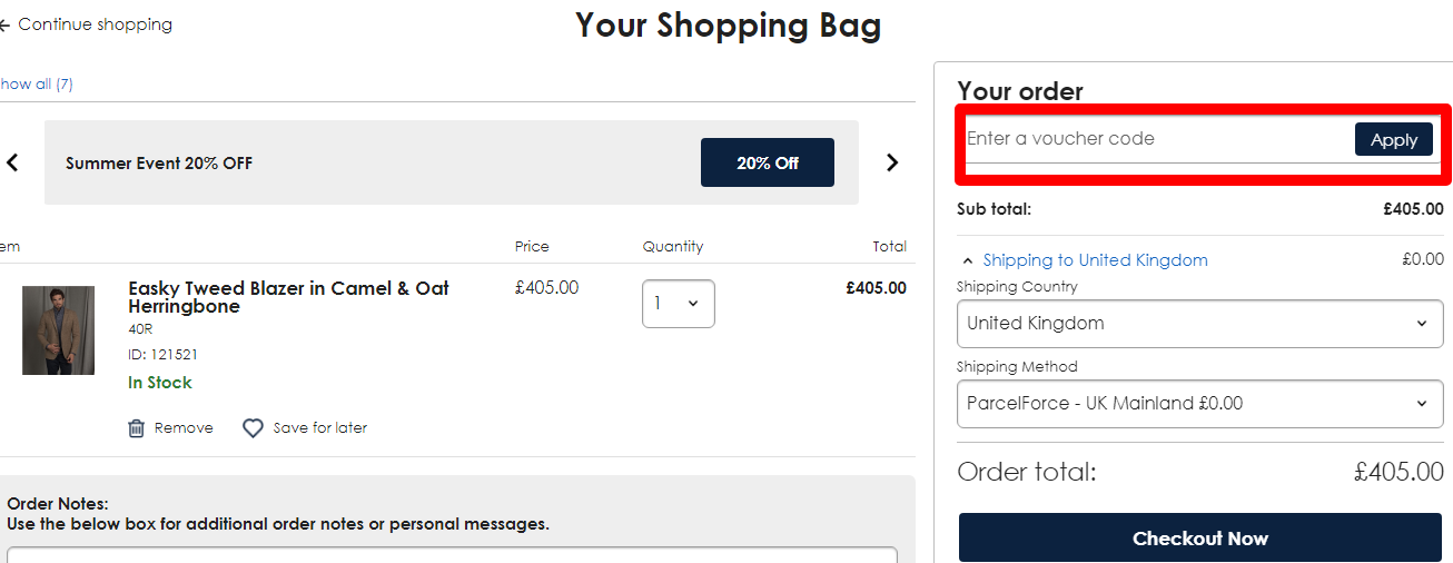 The brand checkout page with where to add the Magee 1866 discount code is highlighted with a red box