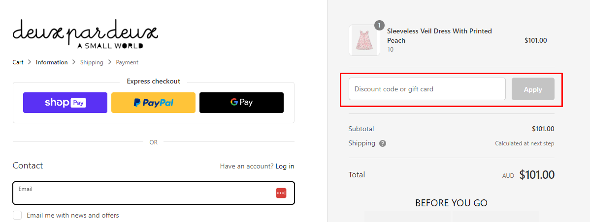 How do I use my Deux par Deux  discount code?