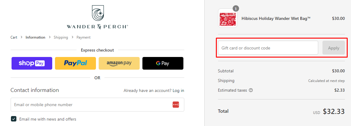 How do I use my Wander & Perch discount code?