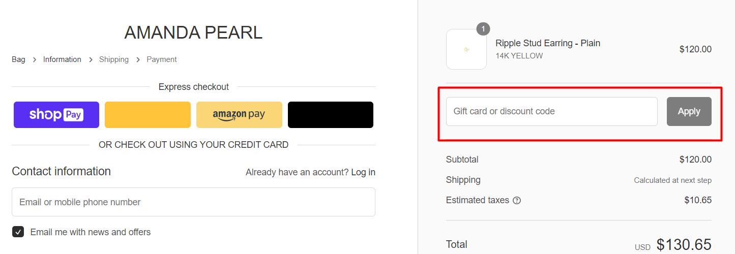 How do I use my AMANDA PEARL discount code?