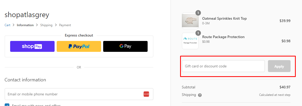 How do I use my Atlas Grey discount code?