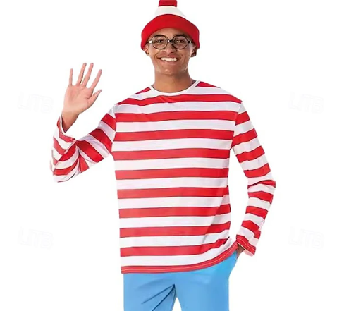 Appropriate Halloween costumes for work: A man wearing a Where’s Wally costume