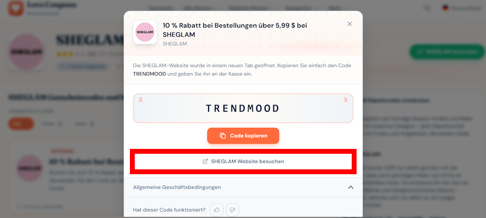 Offener Gutscheincode auf der Love Coupons-Seite mit rotmarkiertem Link