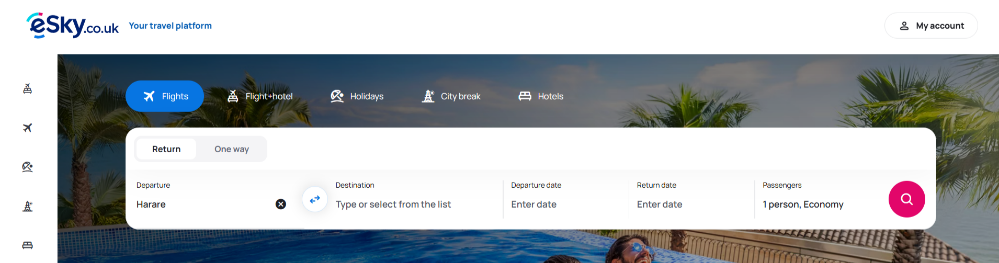 The ESky website and the different booking categories