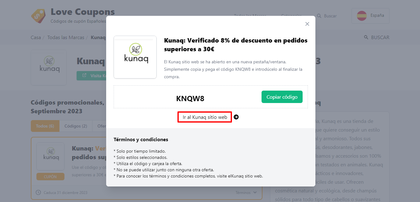 Cuadro mostrado sobre un fondo oscuro de un  código descuento    de Kunaq enseñando los términos y condiciones
