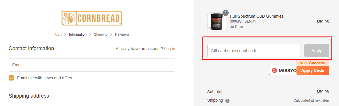 How do I use my Cornbread Hemp discount code?
