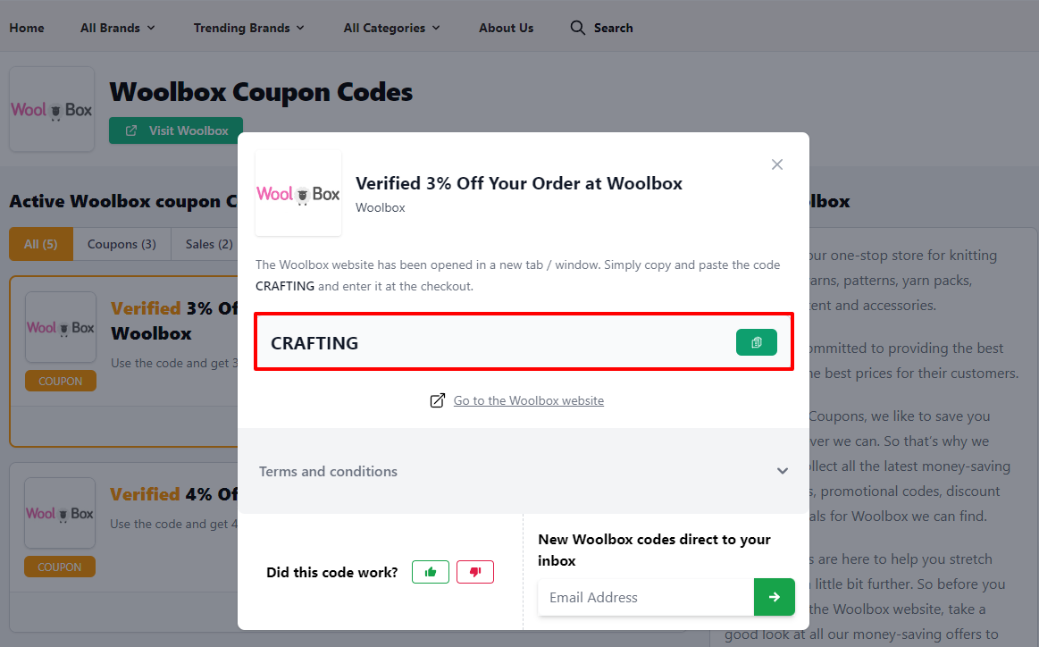 Box displayed on a darkened background of a Woolbox discount code with the terms and conditions showing