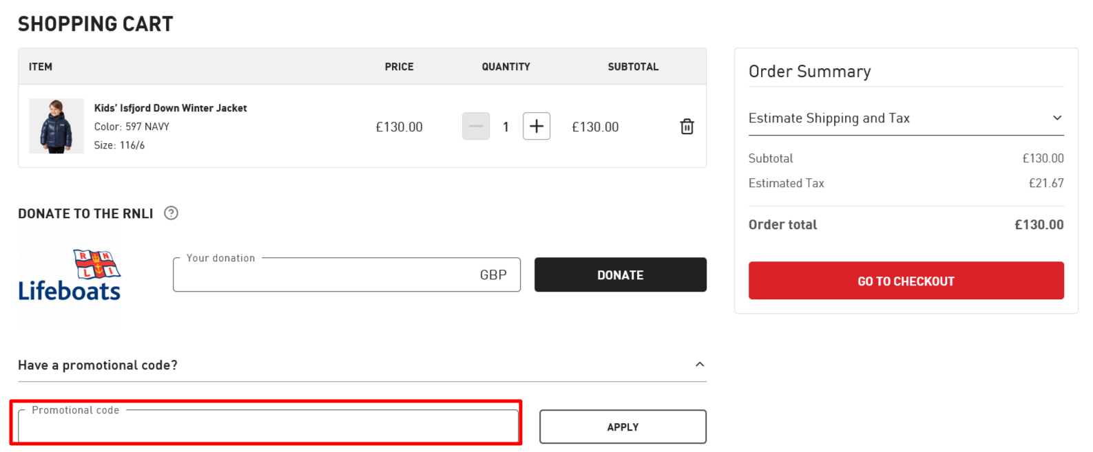 The brand checkout page with where to add the Helly Hansen discount code is highlighted with a red box.