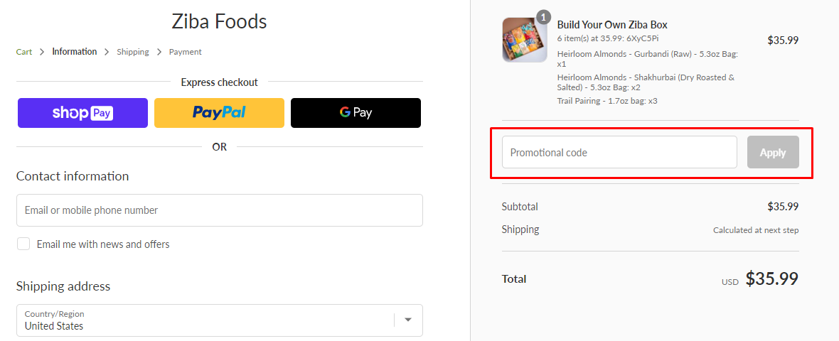 How do I use my Ziba Foods promotional code?