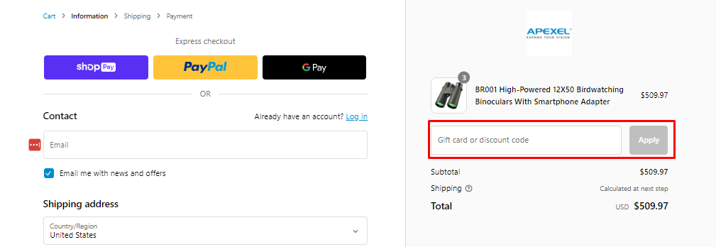How do I use my APEXEL discount code?