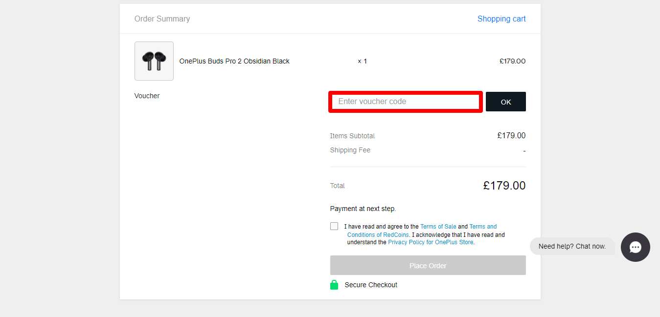OnePlus checkout page with cart details and red box around OnePlus voucher label