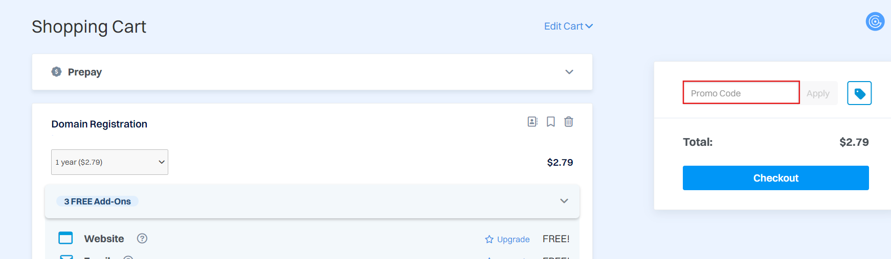 The brand checkout page with where to add the dynadot promo code is highlighted with a red box
