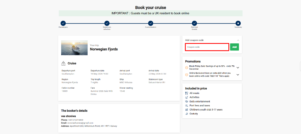 The MSC cruise Norwegian Fjords booking details and the coupon code box