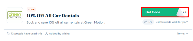A red box will reveal the Green Motion discount code