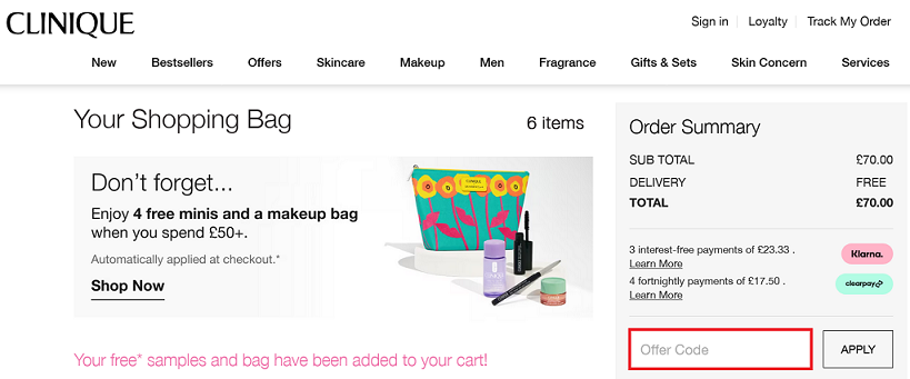 image showing the Clinique shopping bag where you should insert your Clinique discount code