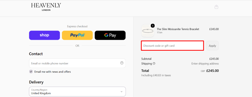 Applying a Heavenly London promo code in the shopping cart to save money.