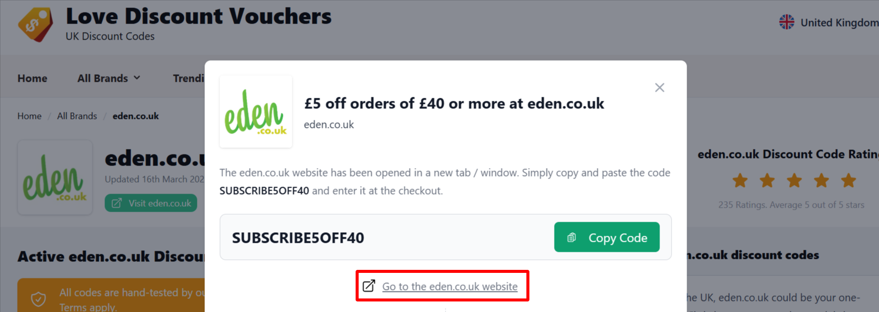 The highlighted red box shows the link that takes you to the eden.co.uk website