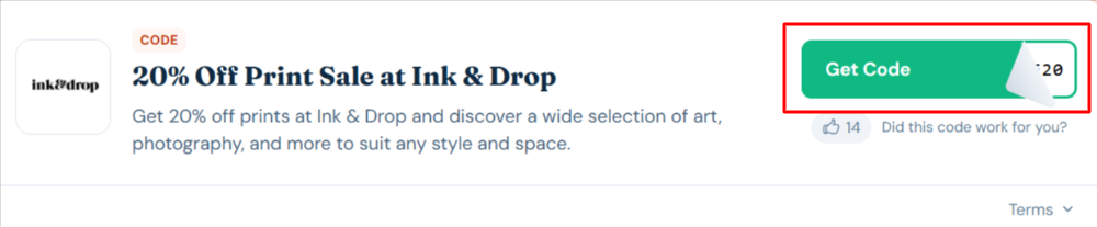 A Ink & Drop voucher code with "Get Code" in a red box