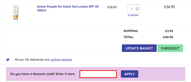 image showing the Big Green Smile basket and the discount code bordered in red