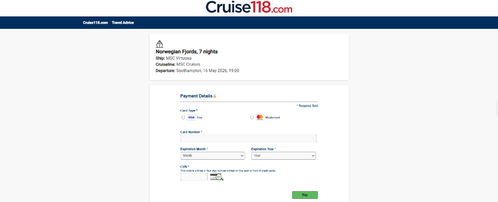 The payment page on Cruise118