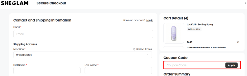 Applying a SHEGLAM discount code at checkout to save money