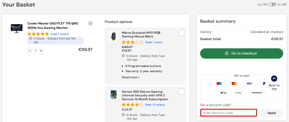 Laptops Direct discount code place hghlighted by a red box