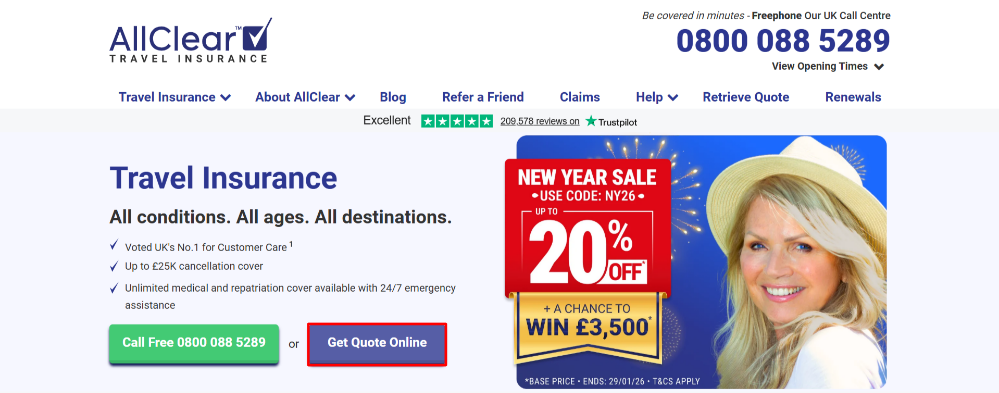 The AllClear Travel Insurance website page