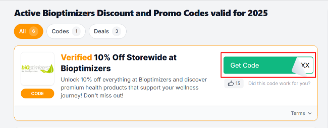 our site page shows Bioptimizers UK promo codes and offers to use on your purchase