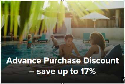 a picture of people playing in the pool and some discount words written in white