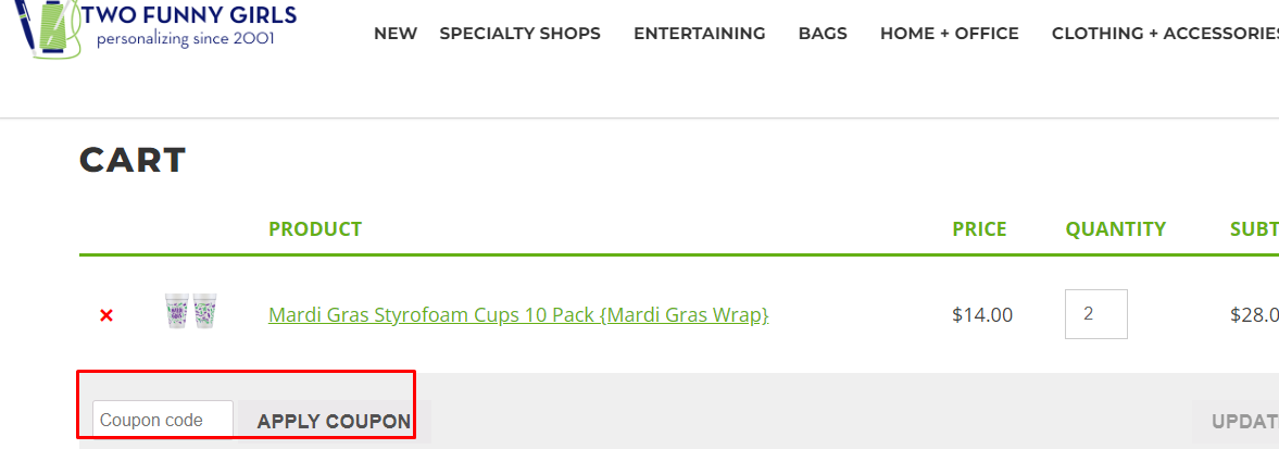 How do I use my Two Funny Girls coupon code?