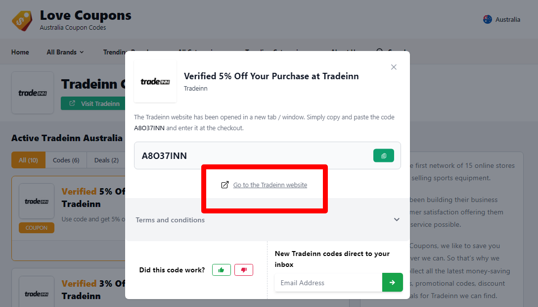Box displayed on a darkened background of a Tradeinn discount code with the terms and conditions showing